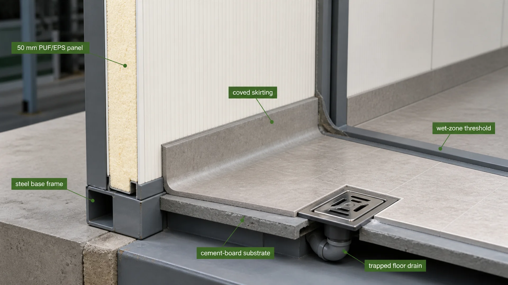 Labelled detail of 50 mm PUF panel, steel base frame, coved skirting and trapped floor drain