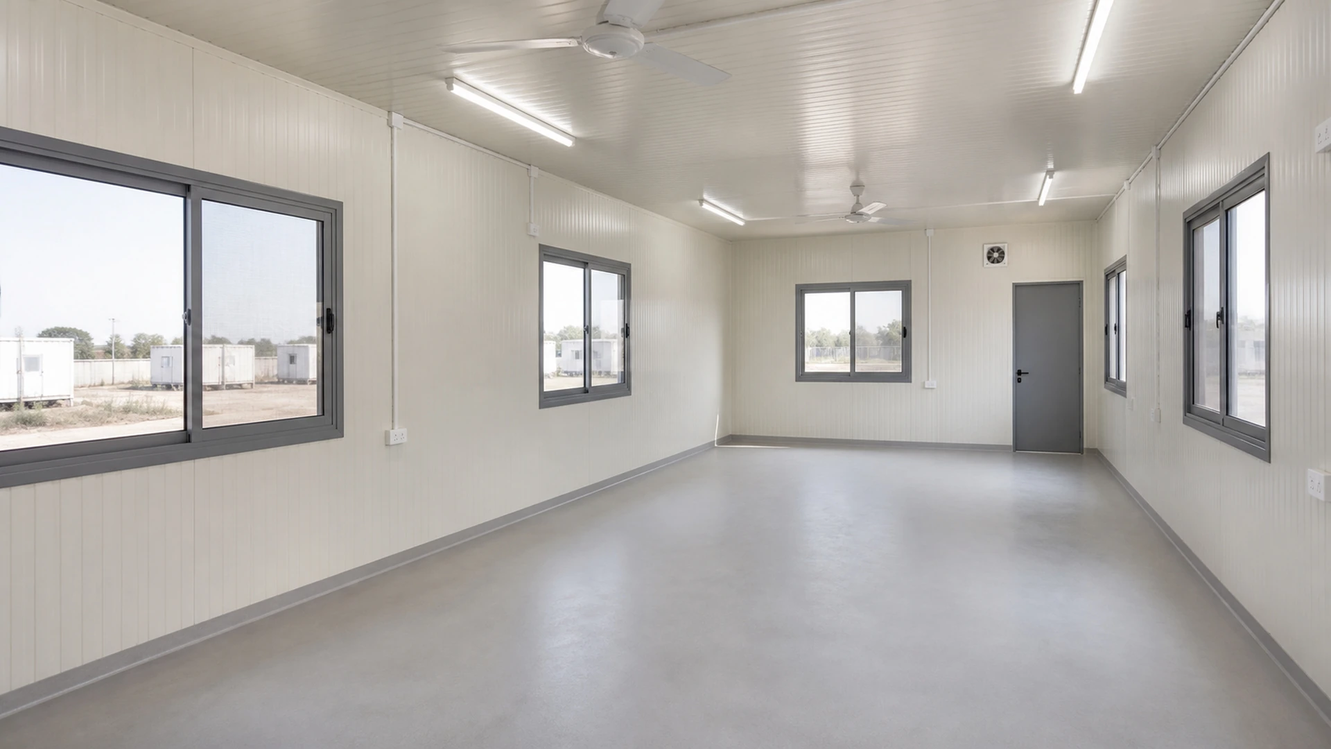 Empty prefab canteen dining zone with panel walls, vinyl floor, tube lights and fans