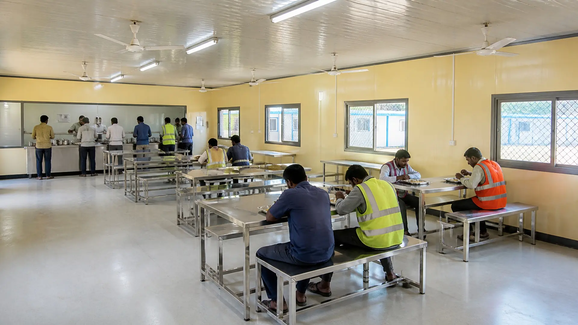 Workers in hi-vis eating at steel bench tables in a fitted prefab canteen