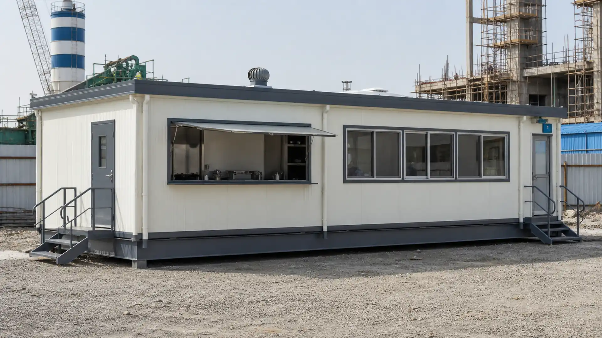 Prefab site canteen showing the serving hatch side and dining glazing