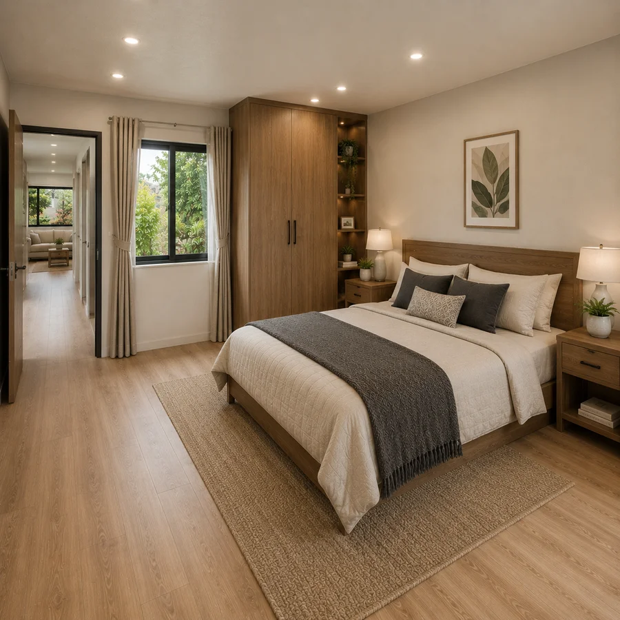 Looking into the bedroom of a 40 by 12 ft prefabricated container house through its internal doorway