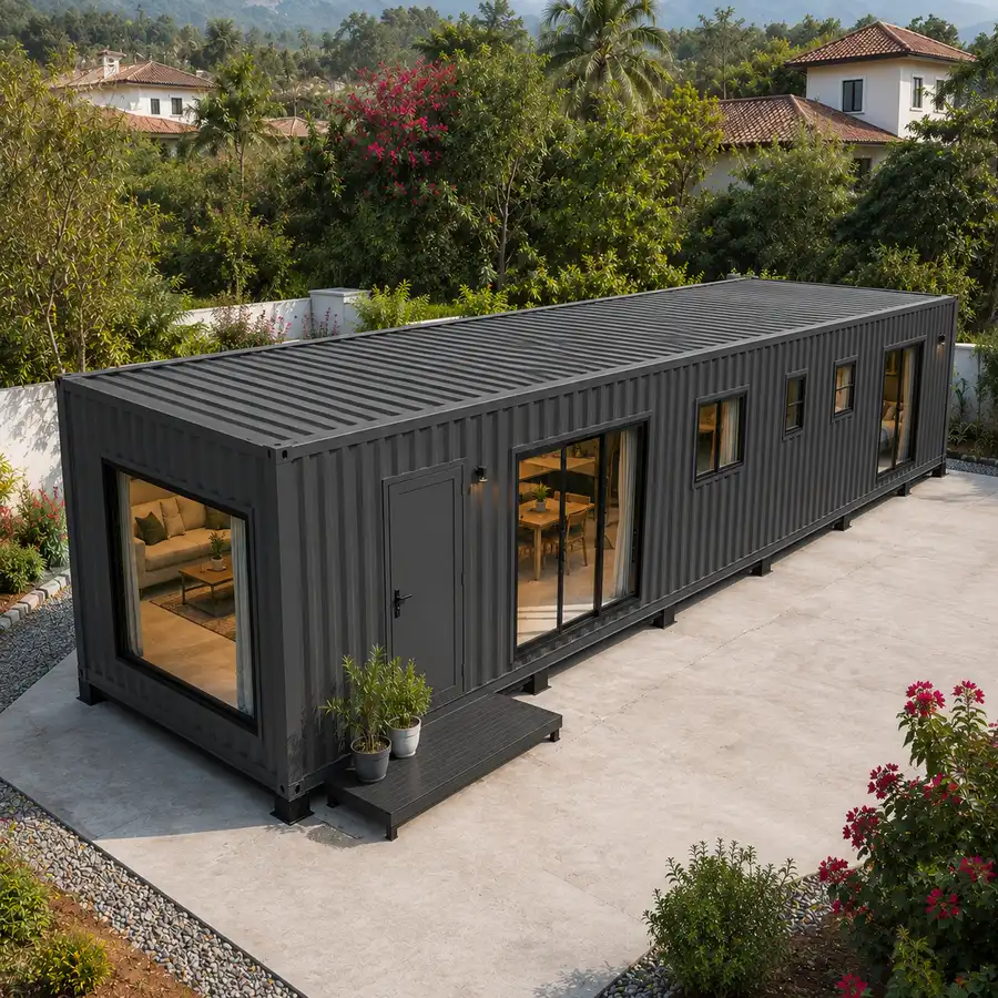 Raised three-quarter view across the roof of a 40 by 12 ft prefabricated container house, the largest unit built