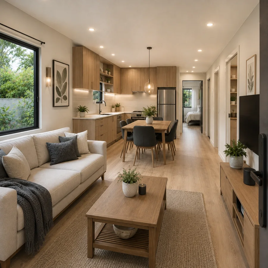 Living area of a 40 by 12 ft prefabricated container house, the most generous floor plate in the range