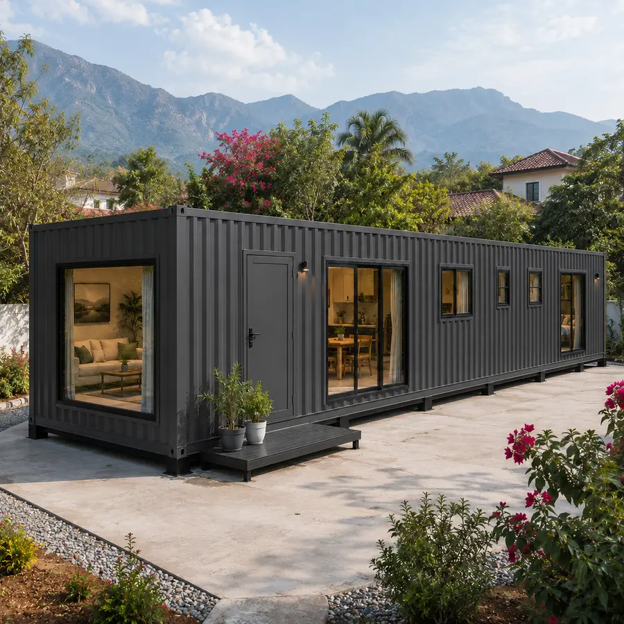 The largest prefabricated container house at 40 by 12 ft, front right, 480 square feet arriving as one finished unit