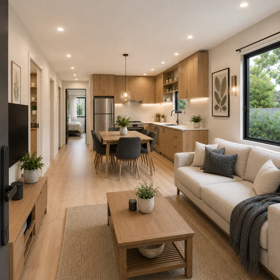 Looking back across the kitchen and dining zone of a 40 by 12 ft prefabricated container house