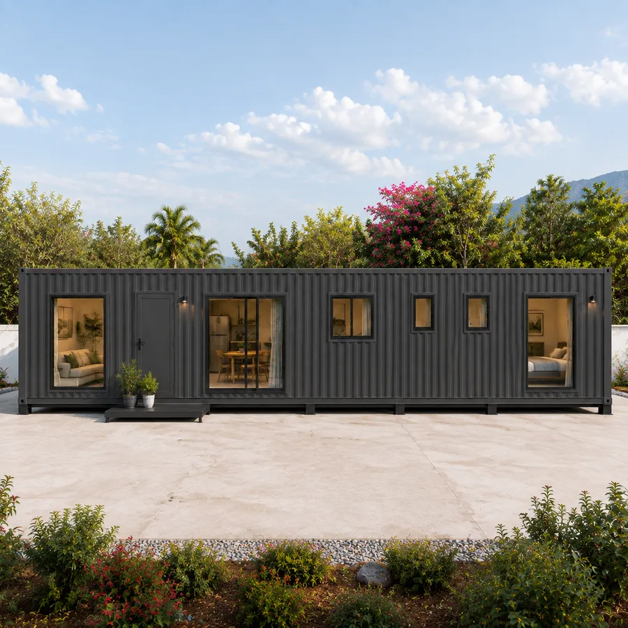 A 40 by 12 ft prefabricated container house shown square on in side elevation at its greatest wall length