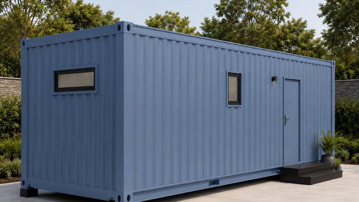 The rear right corner of a 20 by 10 ft prefabricated container house, opposite the entrance elevation