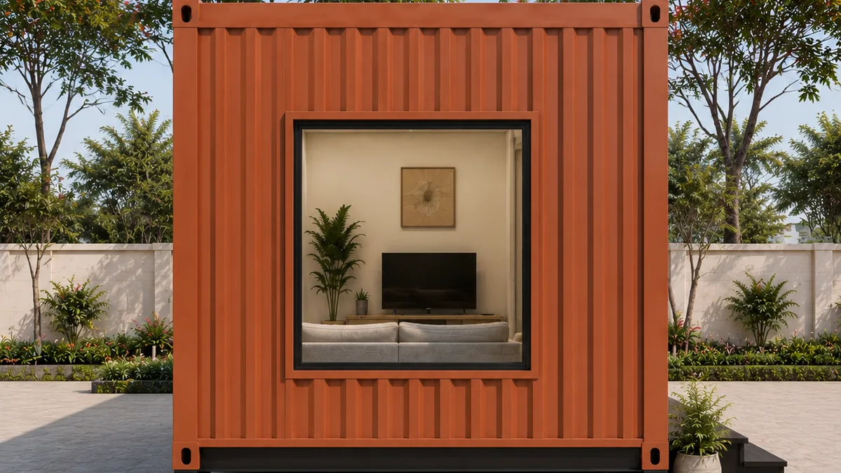 End elevation of the 20 by 12 ft prefabricated container house, its twelve foot span shown head on