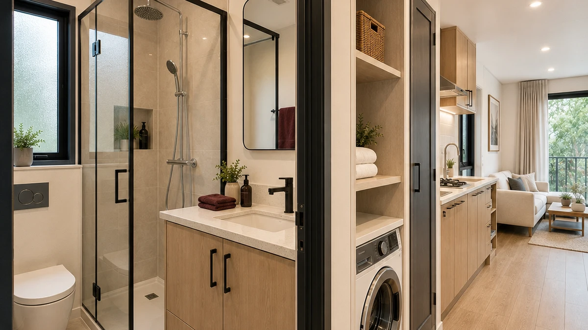 Looking back to the bathroom in a 40 by 10 ft prefabricated container house, sanitary fittings already in place