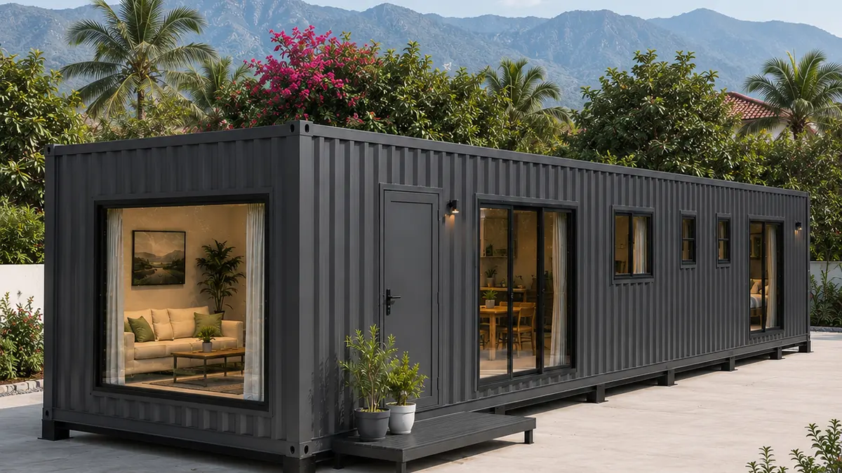 A 40 by 12 ft prefabricated container house from the front left, the largest body in the range at full length