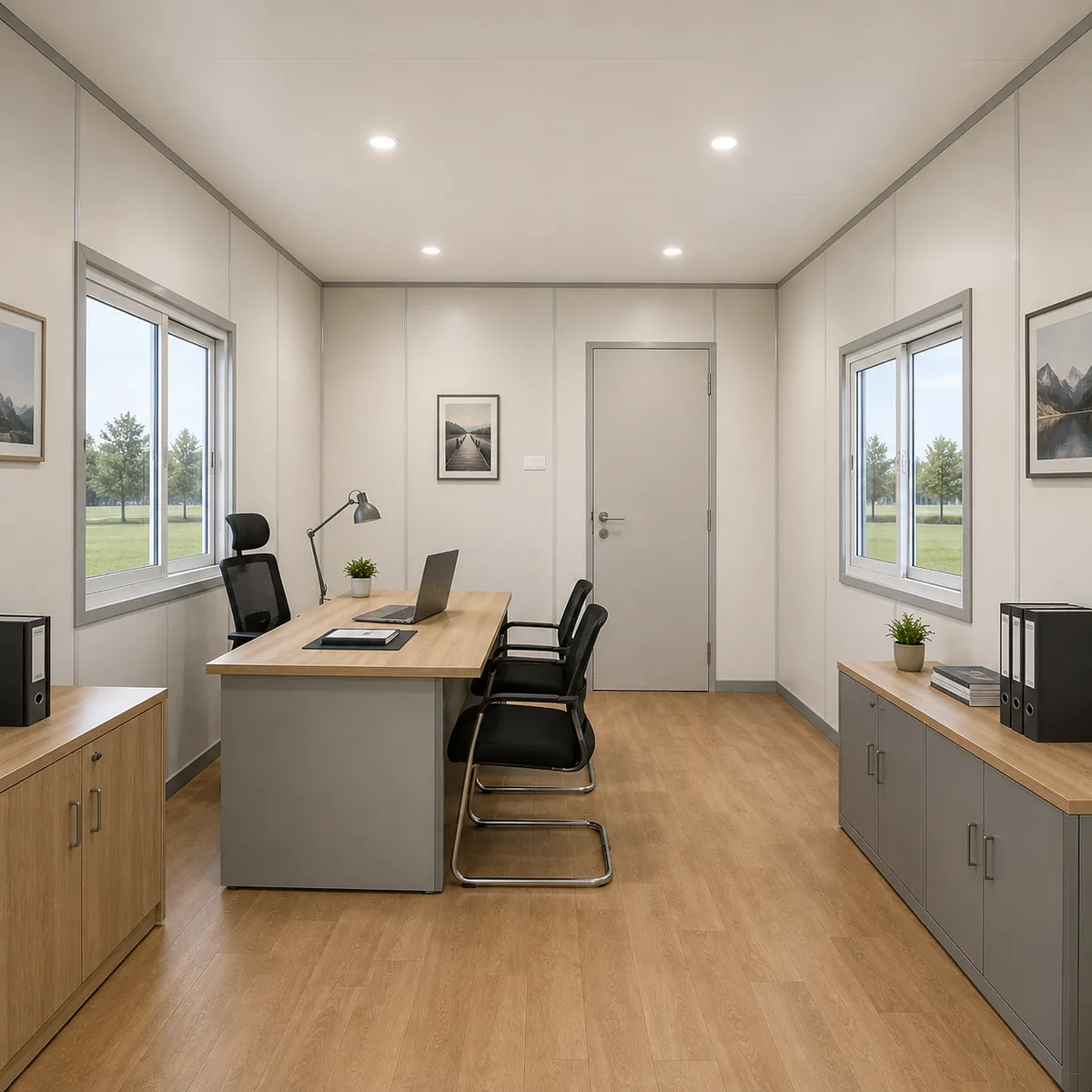 Seen from the door of the prefabricated office cabin at 20 x 10 ft, a floor deck spanning between the frame members down a 20 ft working run.