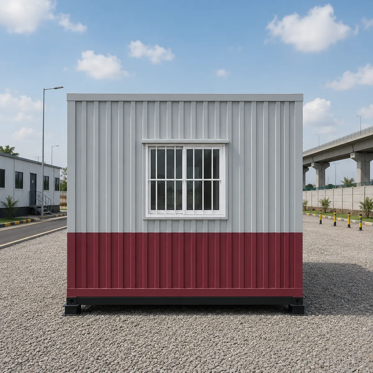 The whole prefabricated office cabin, 20 x 10 ft, bolted panel modules meeting on a visible grid over the 20 ft length.