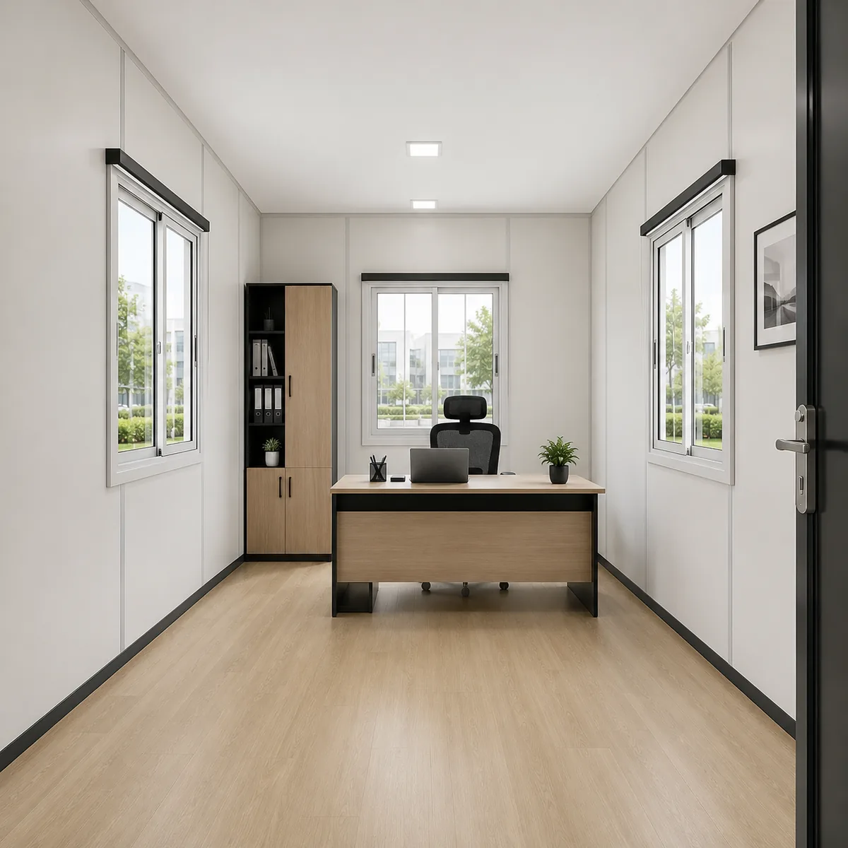 Seen from the far end of the prefabricated office cabin, 20 x 10 ft, wall panels bolted back to the structural posts on a plan twice as long as wide.