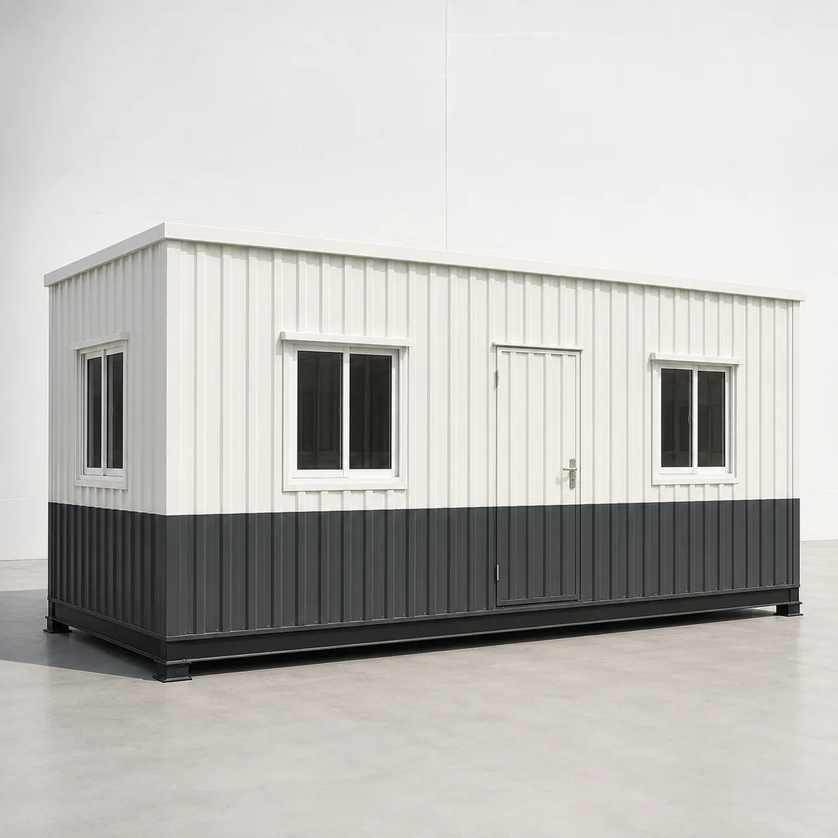 Long flank of the prefabricated office cabin, 20 x 10 ft, a base frame carrying the wall panels above it on a plan twice as long as wide.