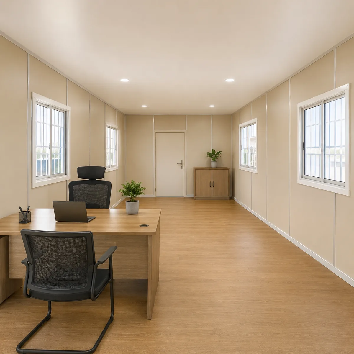 Interior of the prefabricated office cabin, 20 x 10 ft, internal joints on the same grid as the outer face down a 20 ft working run.