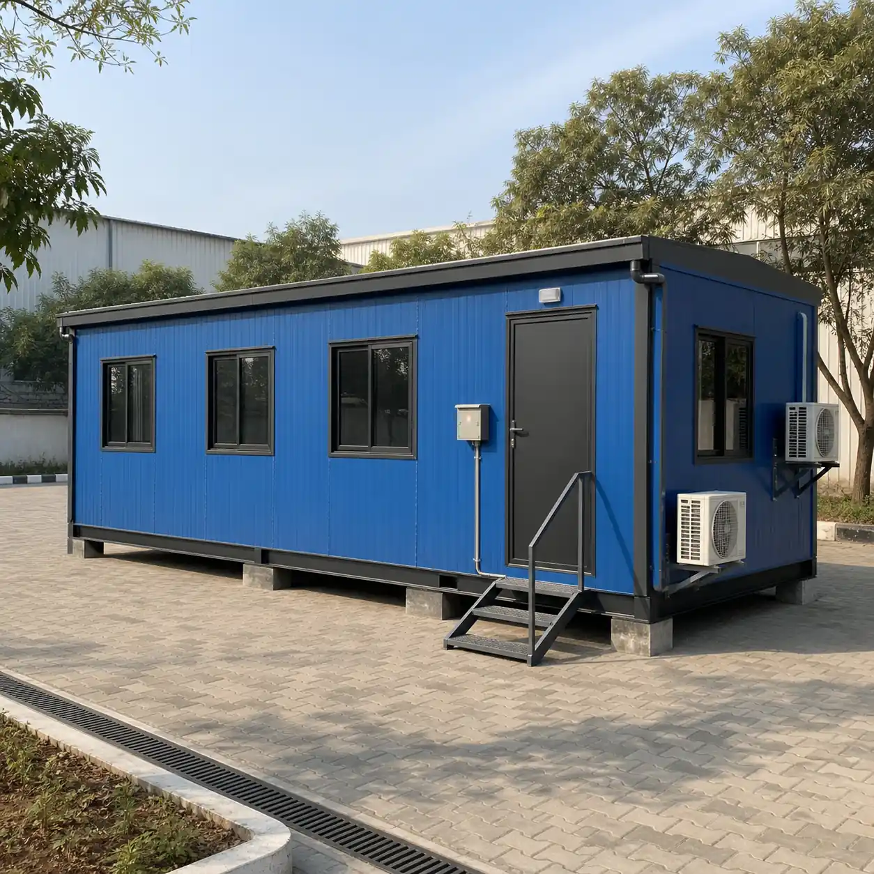 Blue PUF porta cabin on a paver yard, three windows, entry door, stair and two split AC outdoor units