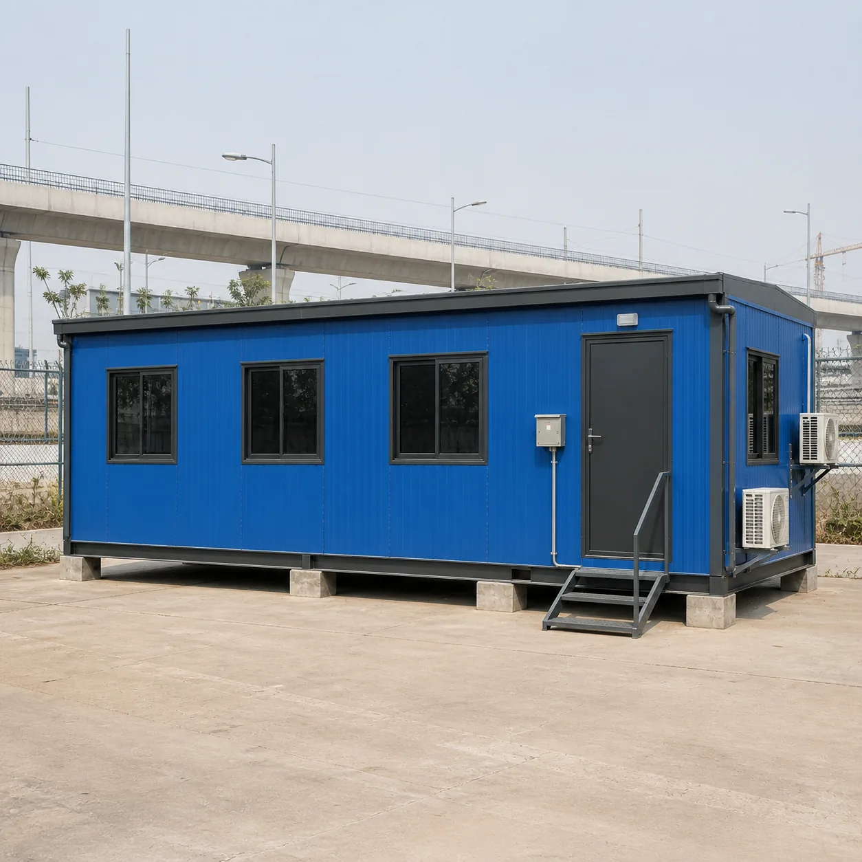 Blue PUF porta cabin on a paved apron with an elevated flyover and site fencing behind