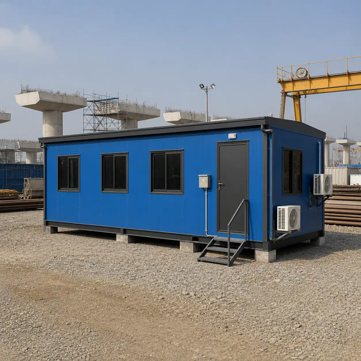 Blue PUF porta cabin on a gravel construction site with bridge piers and a yellow gantry crane behind