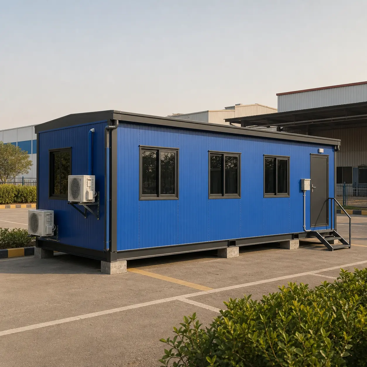 Blue PUF porta cabin seen from the opposite end in a marked bay, AC units on the near end wall