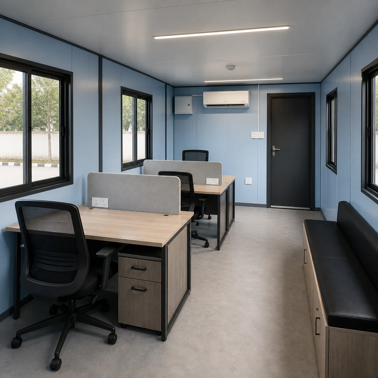Light blue panel interior with visible joints, two screened desks, upholstered bench and split AC