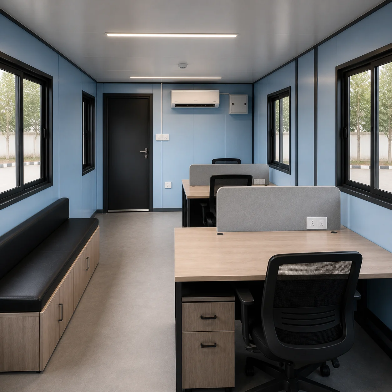 Light blue panel interior from the far end, showing the entry door, bench storage and grey vinyl floor