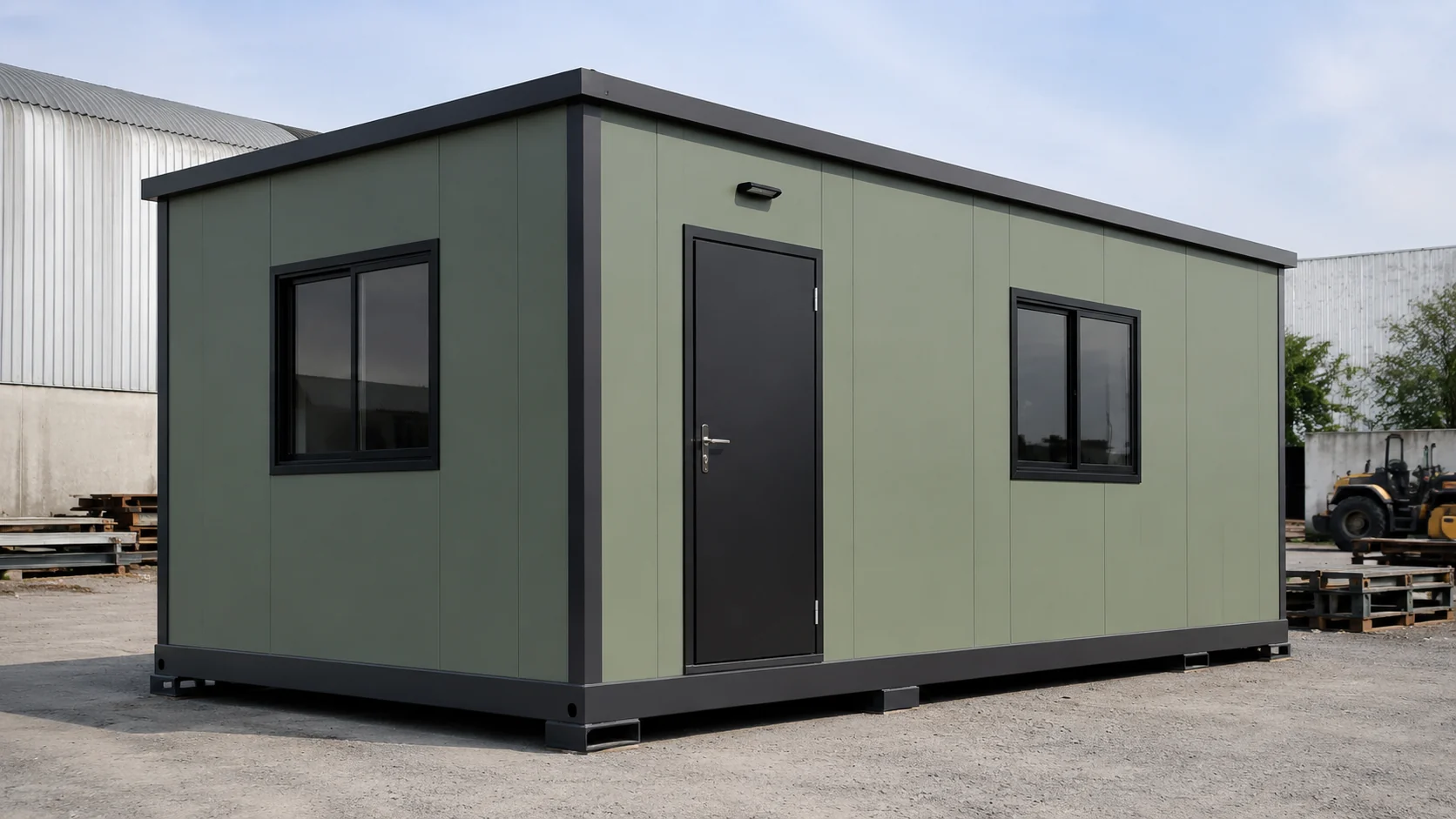 Sage green PUF panel cabin on a gravel yard, showing the steel base frame below the panel walls