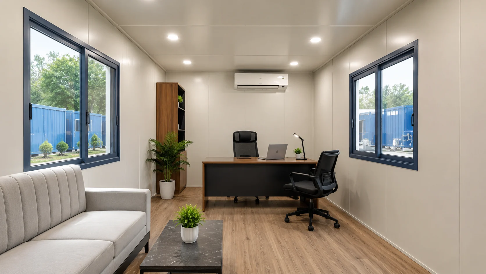 Off-white PUF panel office interior with wall-mounted split AC, recessed downlights and wood-look floor