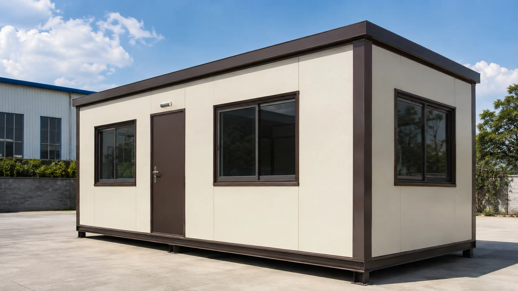 Cream PUF panel cabin with brown trim, showing flat panel faces and visible vertical panel joints