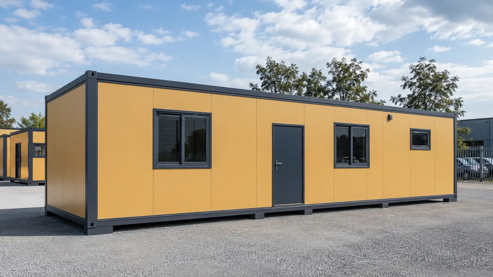 Yellow PUF panel cabin in a gravel yard, long panel run with three windows and a charcoal door