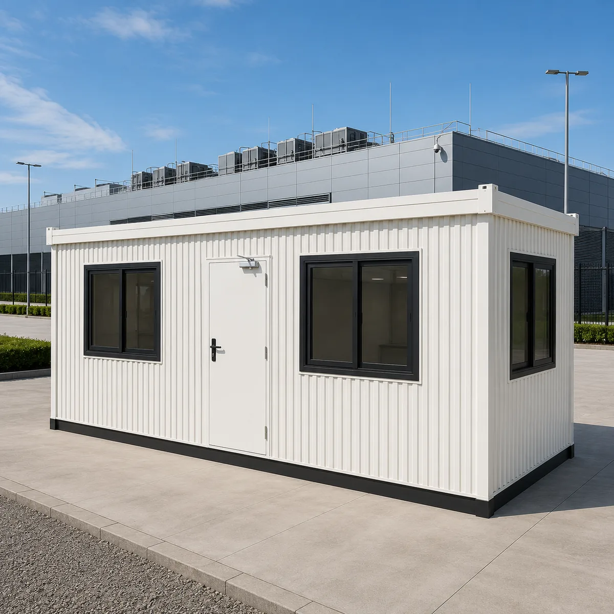 The whole readymade office cabin, 20 x 10 ft, the pre-finished wall panels and factory-fitted door over the 20 ft length.