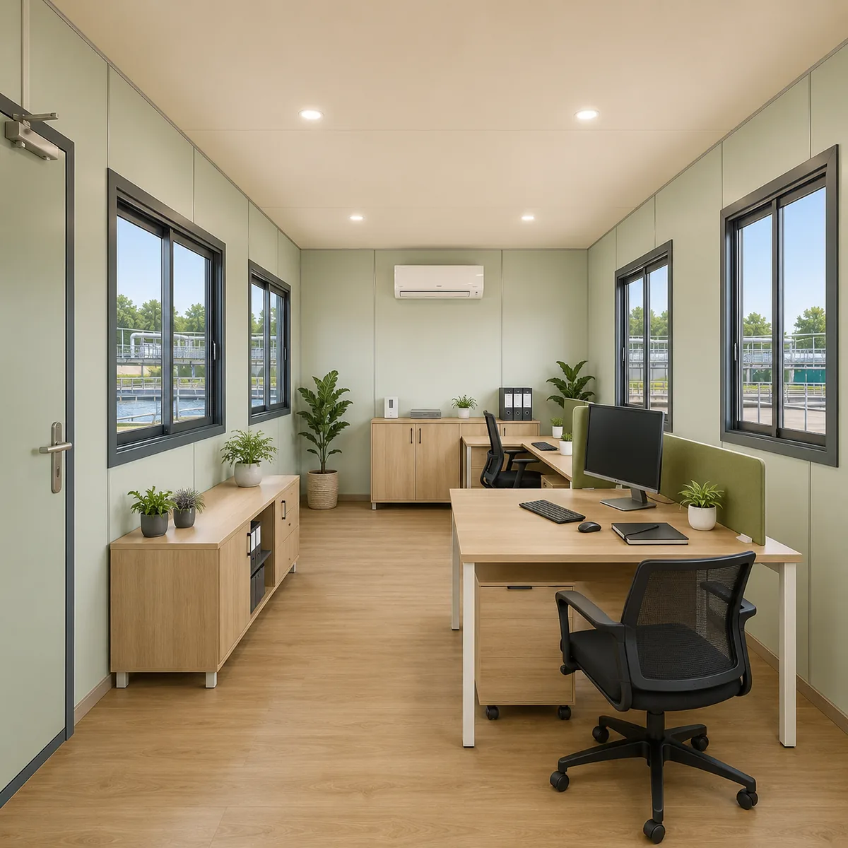 Seen from the far end of the readymade office cabin, 20 x 10 ft, the ceiling grid and light fittings already in place on a plan twice as long as wide.