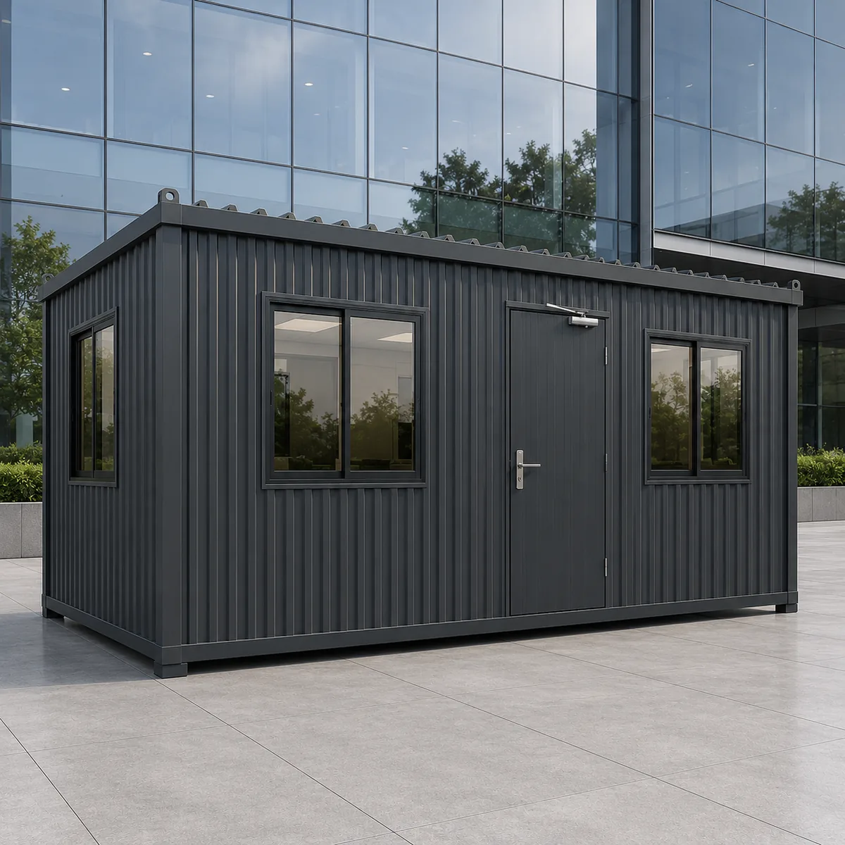 Long flank of the readymade office cabin, 20 x 10 ft, an unbroken cladding line meeting the corner post on a plan twice as long as wide.