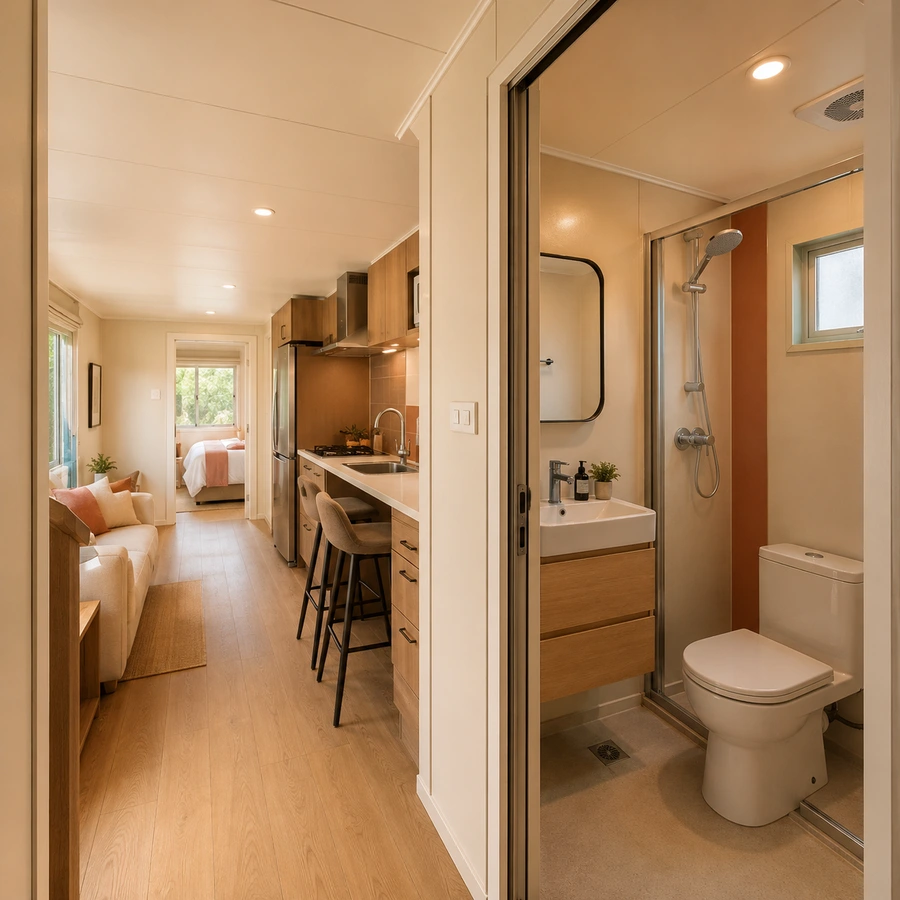 Looking back through a 20x10 ft shipping container home towards a shower room with a fitted vanity