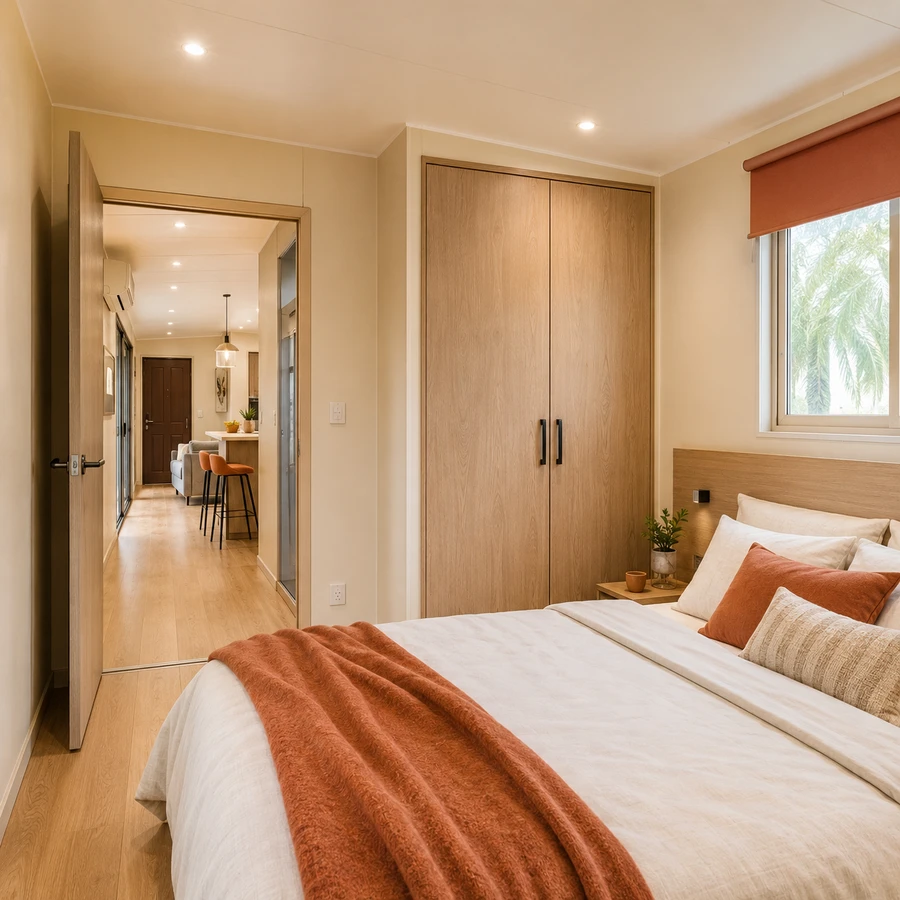Bedroom inside a 20x10 ft shipping container home, with a bedroom with a terracotta throw