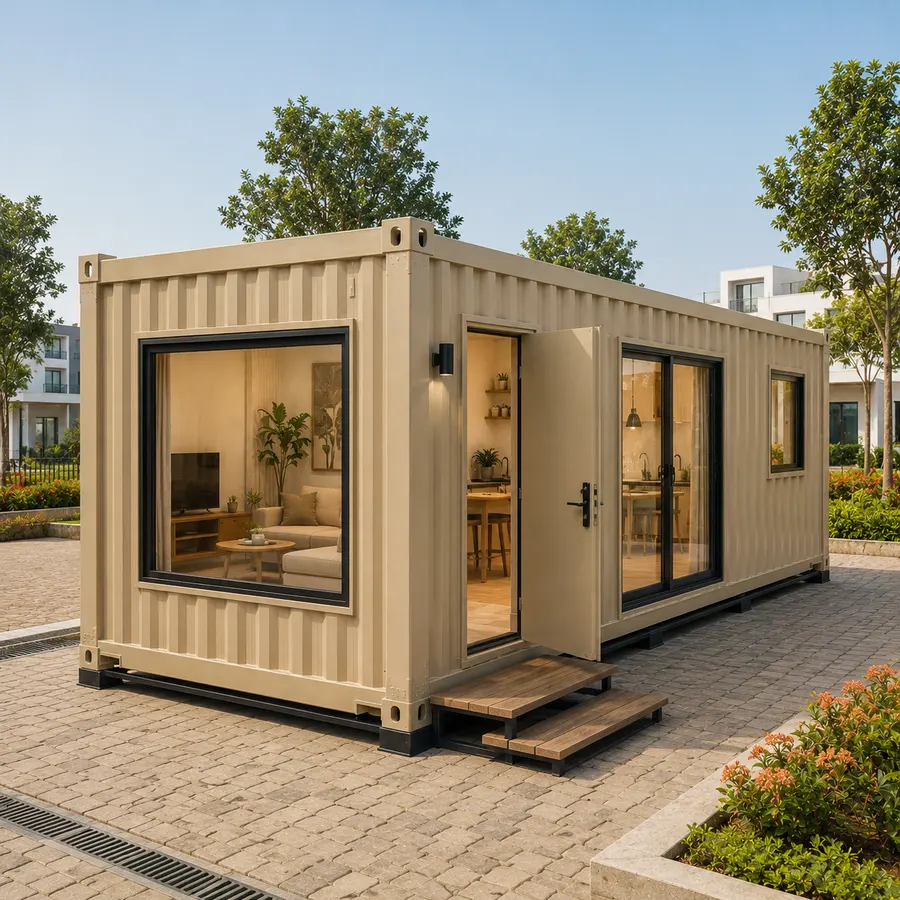 End-on view of a 20x10 ft shipping container home with the gable glazing lit, sand-toned cladding, on a paved suburban court behind low hedges