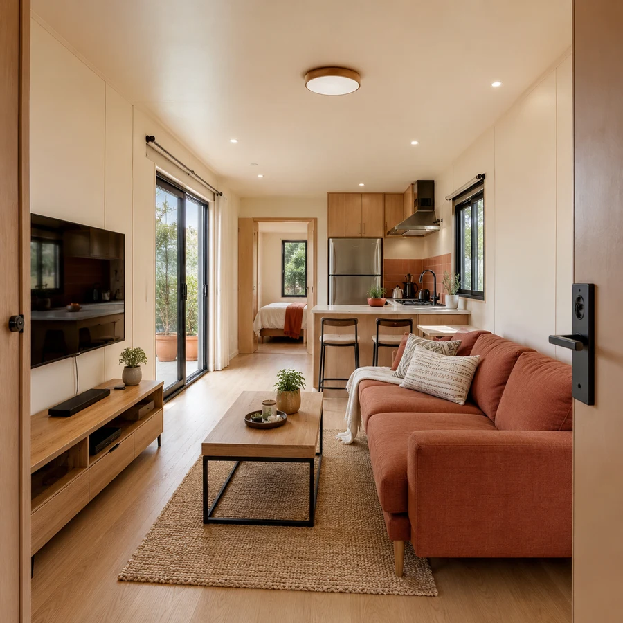 Entry and living area inside a 20x10 ft shipping container home, with a rust-red sofa facing a media wall