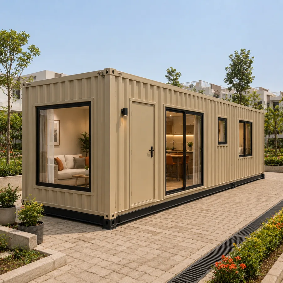 Front-left angle on a 20x10 ft shipping container home in sand-toned cladding, on a paved suburban court behind low hedges