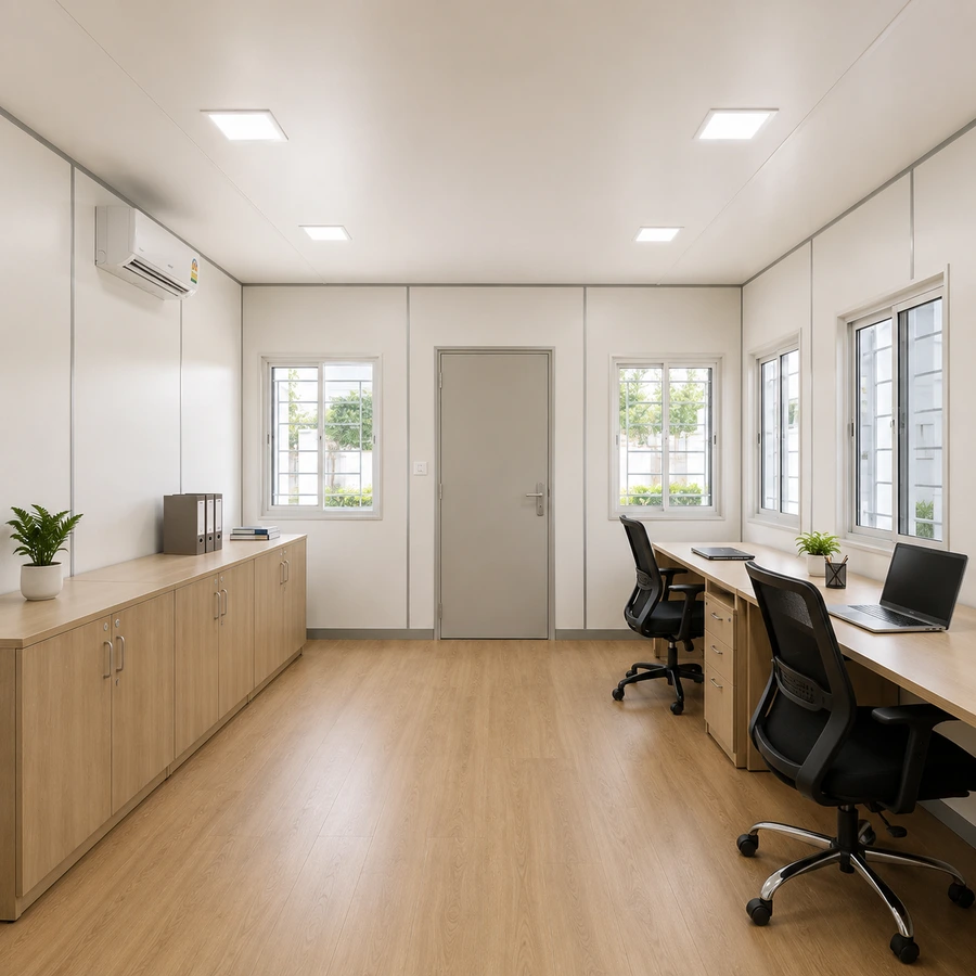 Reception counter near the door of a 20x10 ft shipping container office