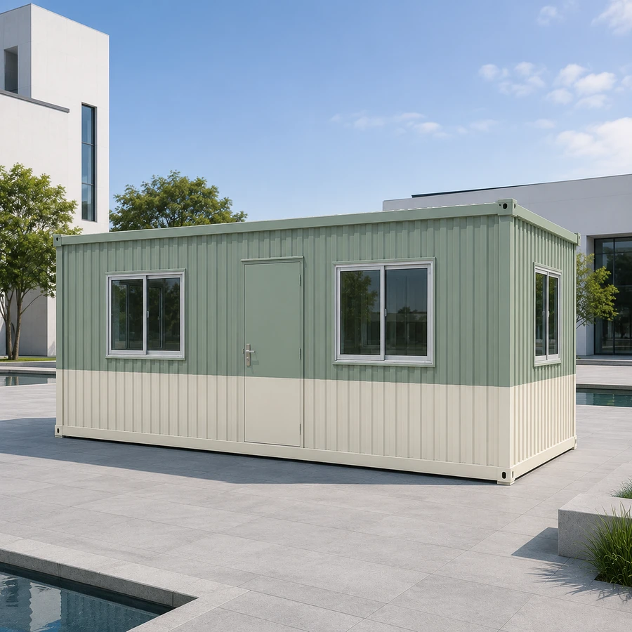 Pale green and white 20x10 ft shipping container office, front angle by a pool court