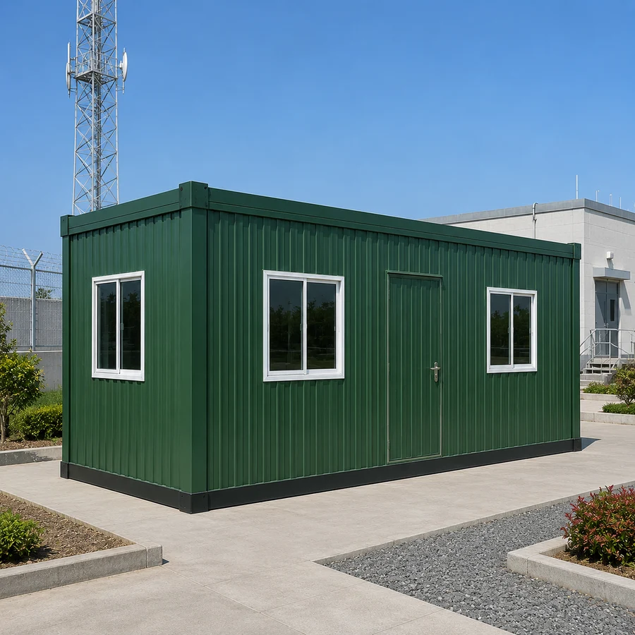 Dark green 20x10 ft shipping container office, hero exterior on patterned paving