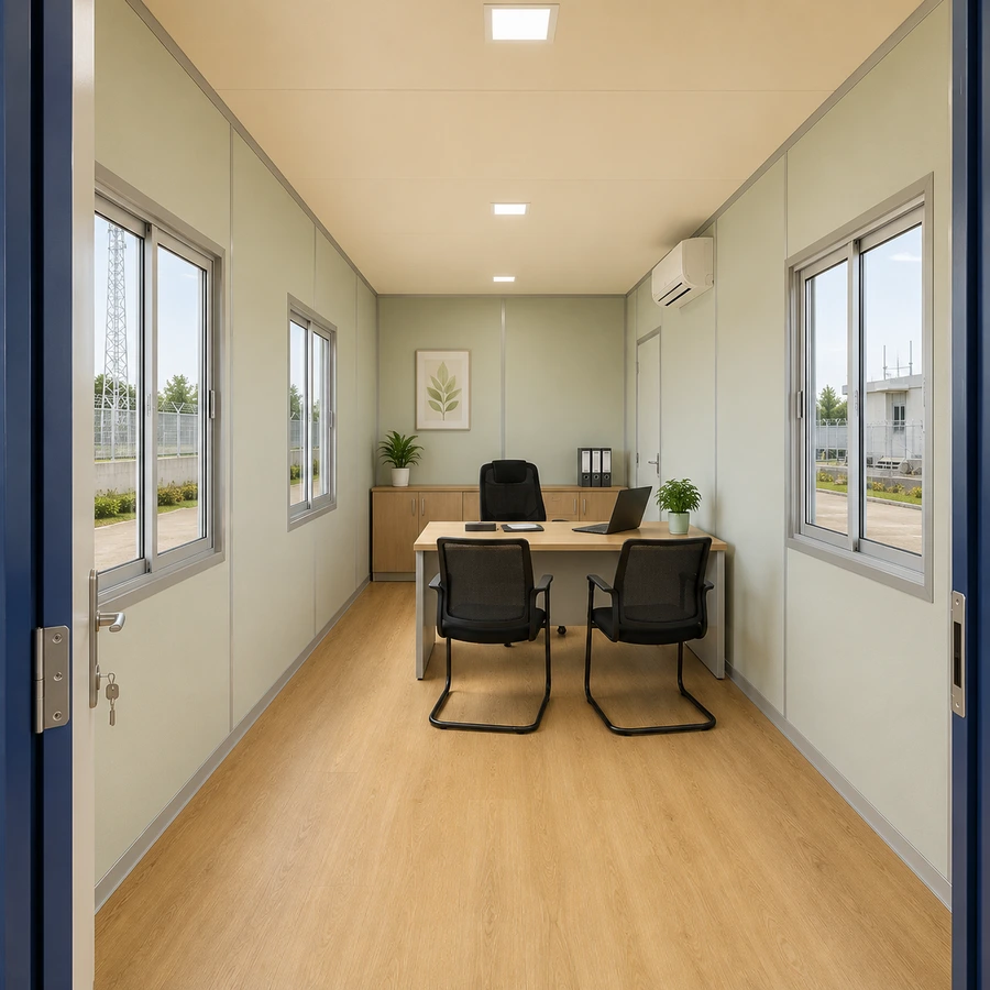 Meeting table with four chairs inside a 20x10 ft shipping container office
