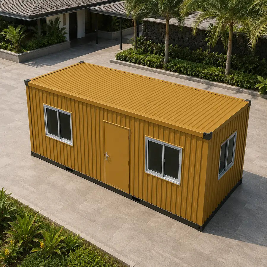 Amber yellow 20x10 ft shipping container office among tropical planting