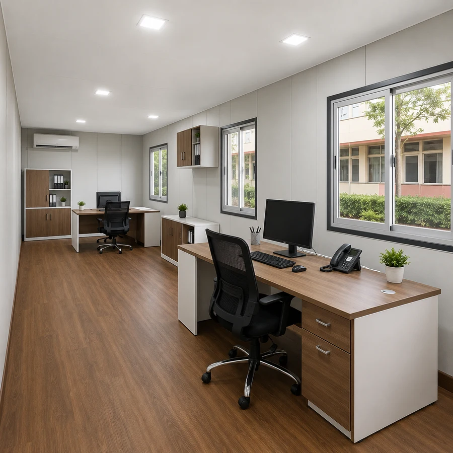 Timber desk with monitor and phone inside a 20x10 ft shipping container office