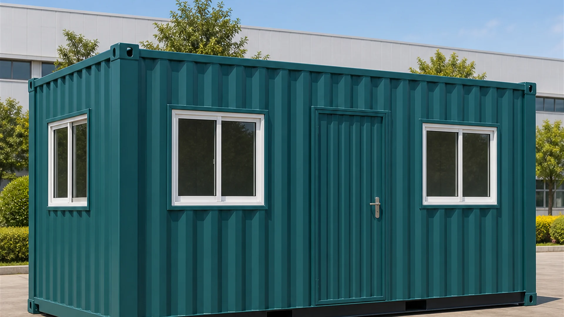 Oceanic Teal 20 x 8 ft shipping container office on a paved yard, front wall and end window