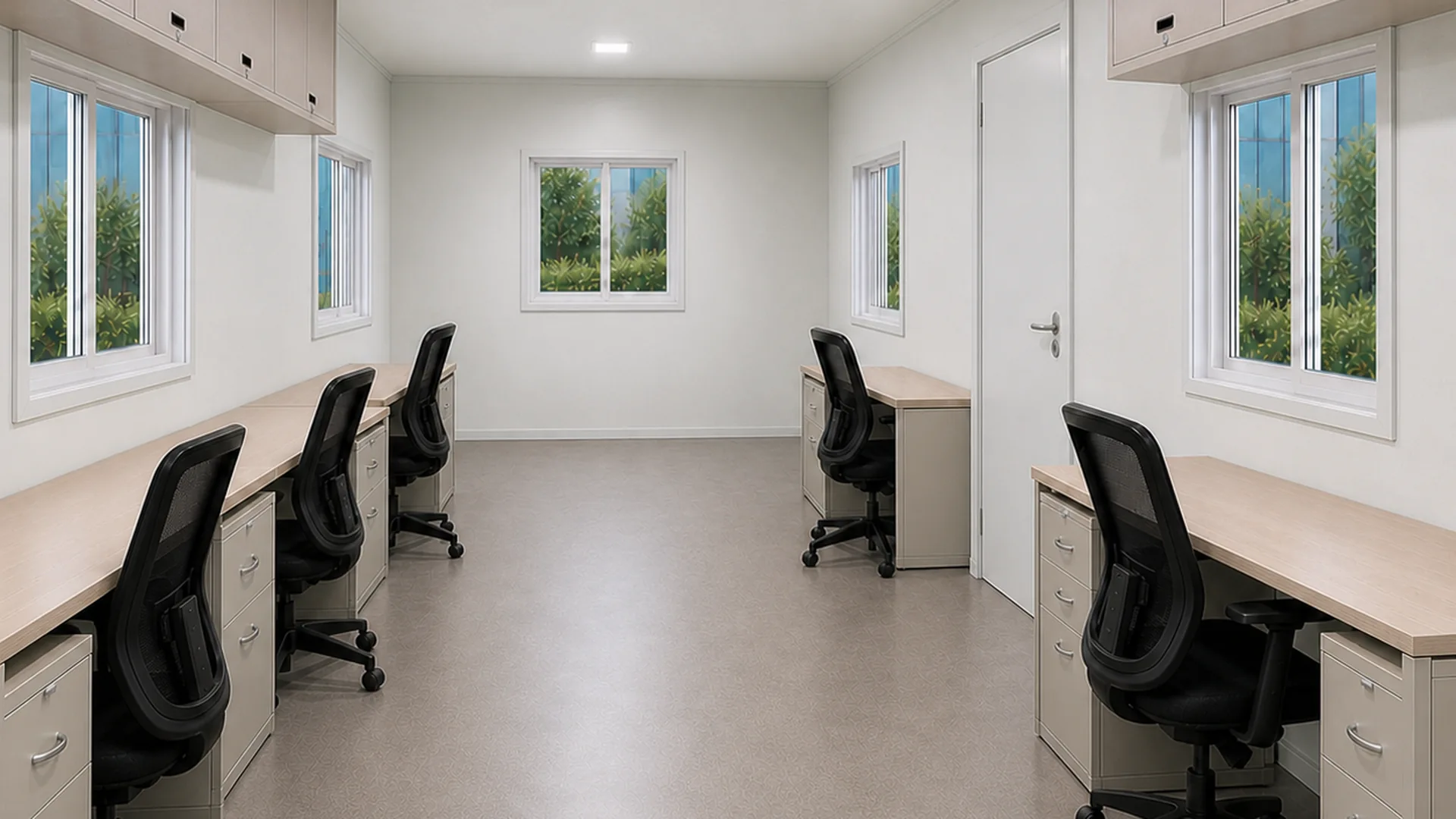 20 x 10 ft container office interior showing five workstations and overhead file cabinets