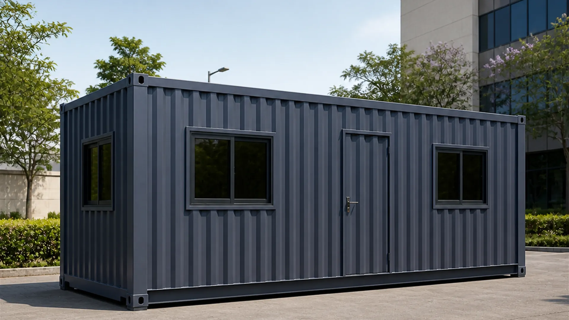 Indigo Grey 20 x 12 ft shipping container office, front long wall with window, door and window