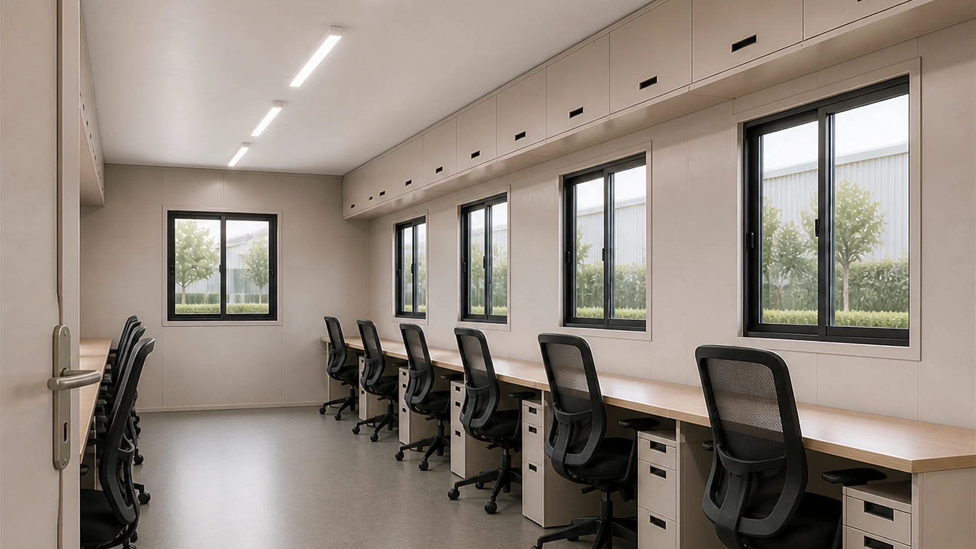 30 x 10 ft container office interior, desk run under four windows with ceiling-fixed cabinets