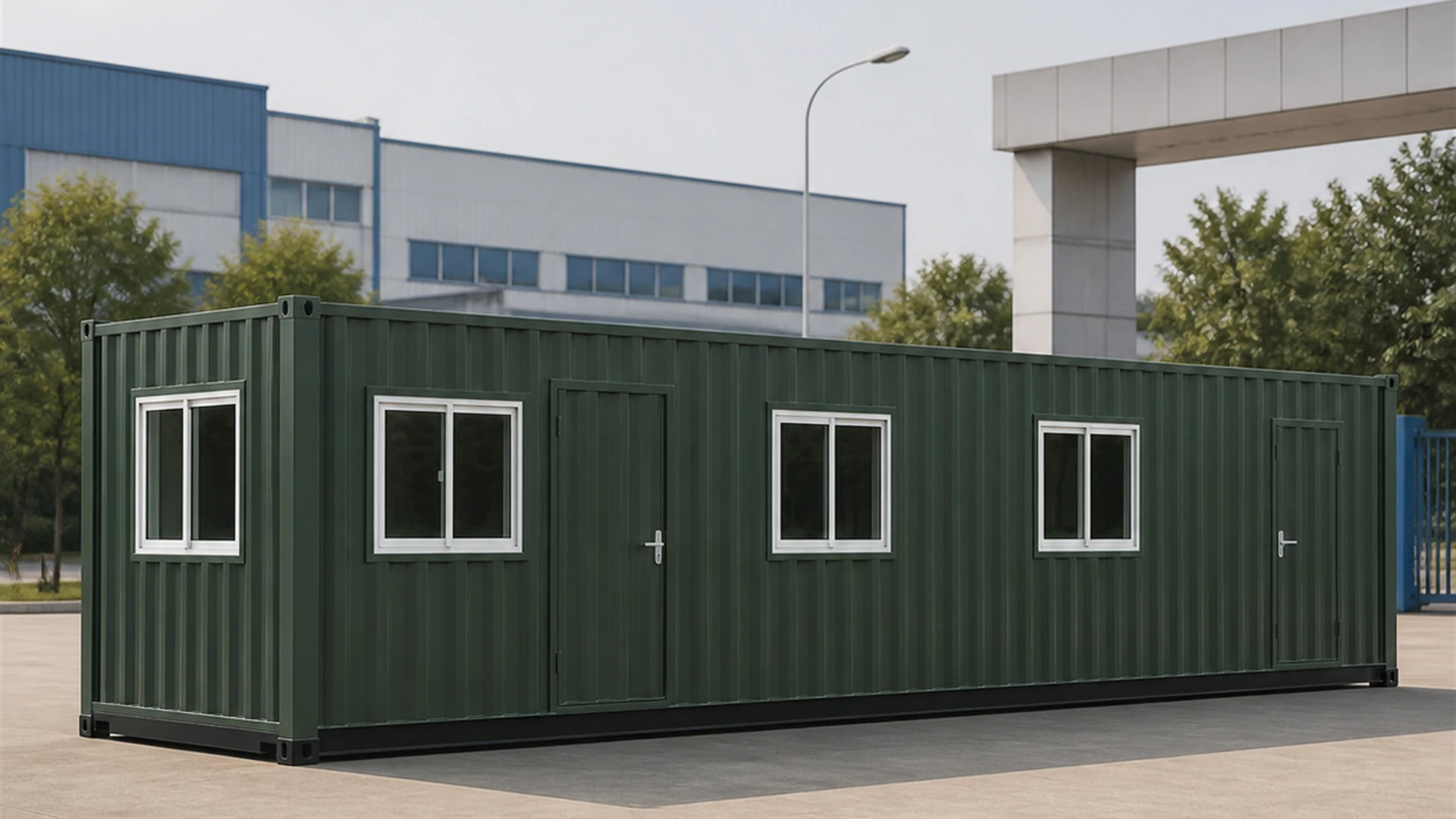 Alpine Green 40 x 8 ft shipping container office, two external doors and manager end window
