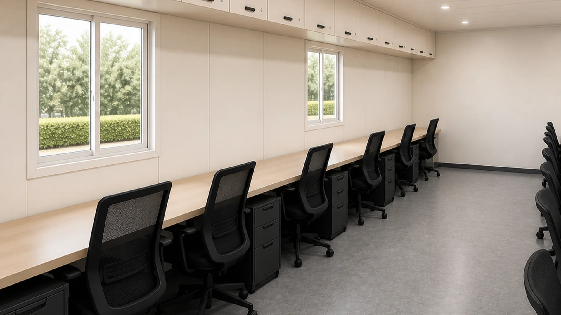40 x 10 ft container office common room with twelve workstations behind the manager partition