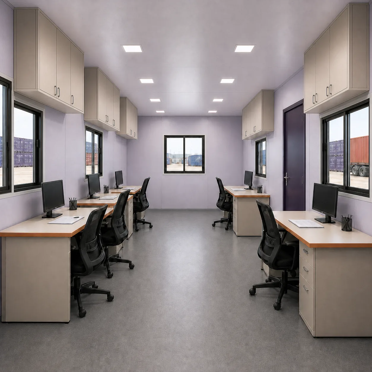 Inside a 20 x 10 ft site office container, desks on both long walls with a central aisle